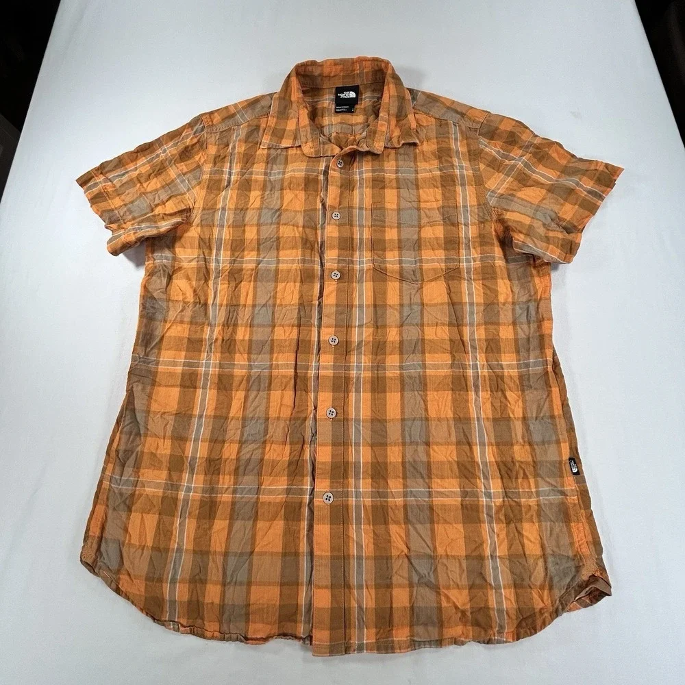 The North Face Short Sleeve Shirt Men Size Large Brown Orange Plaid Button Up